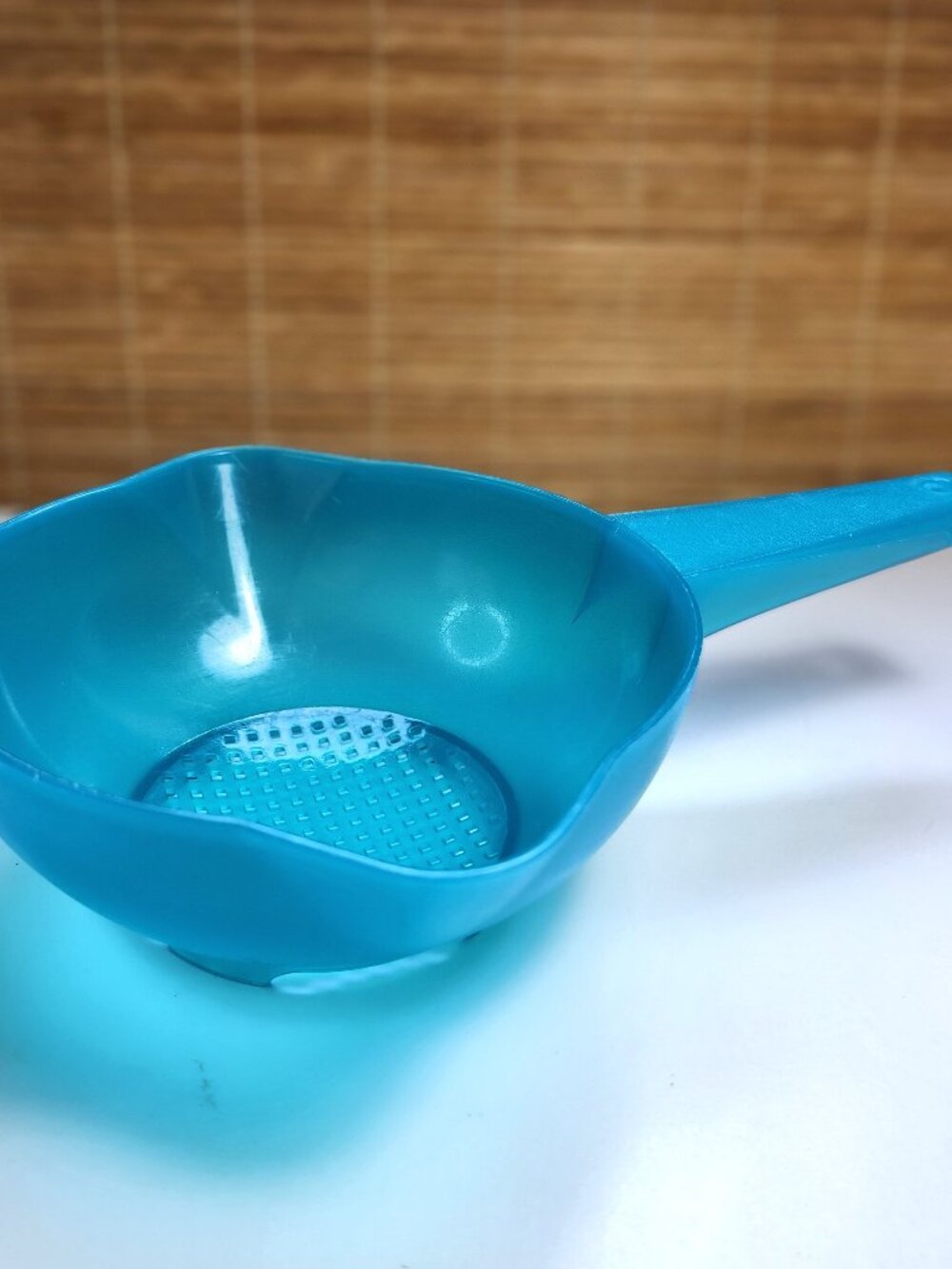 Vintage Tupperware 1200 Blue Colander Strainer with Handle Retro Kitchen Tool
